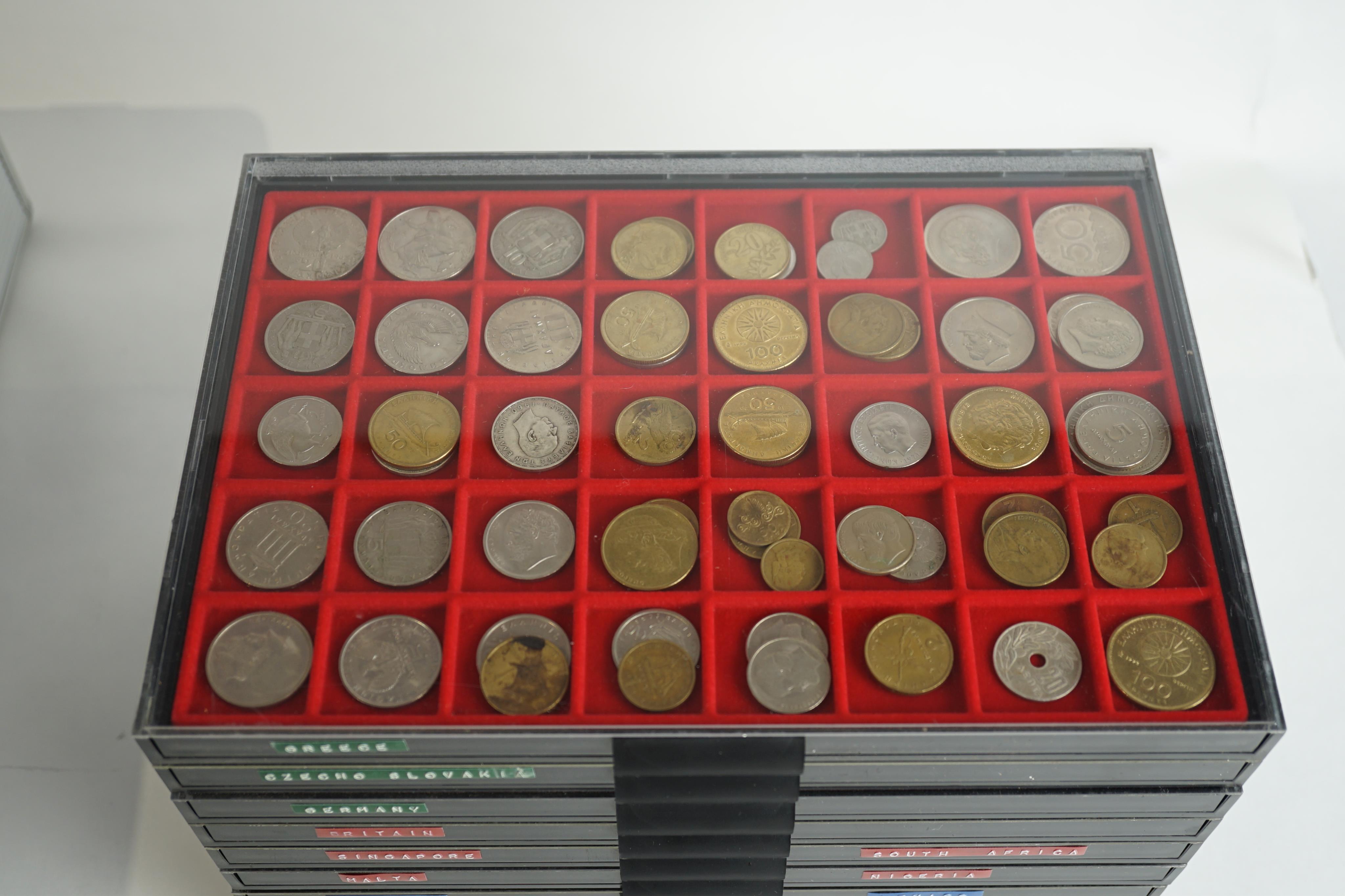 World coins, a collection, mostly 1960s to 1990s, including Hong Kong, Jamaica, Cyprus, Panama, Japan, miscellaneous Arabic, Greece, Germany, Britain, Singapore, South Africa, Ireland, Italy, Spain, Portugal etc., in for